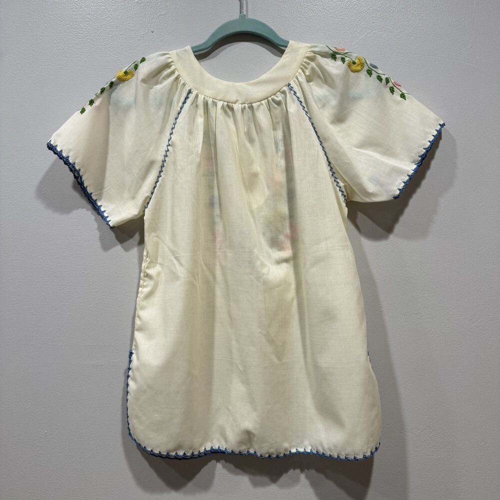 Vintage Handmade Top Embroidered Floral Short Sleeve Stitched Trim Women M Cream - Picture 6 of 7